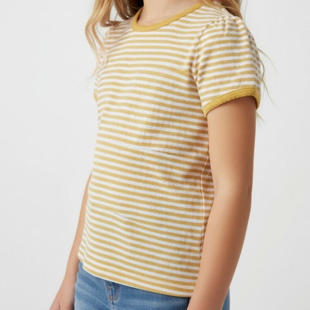 Mini Boden Pointelle Stripe Tee Yellow White Girls 9-10Y
